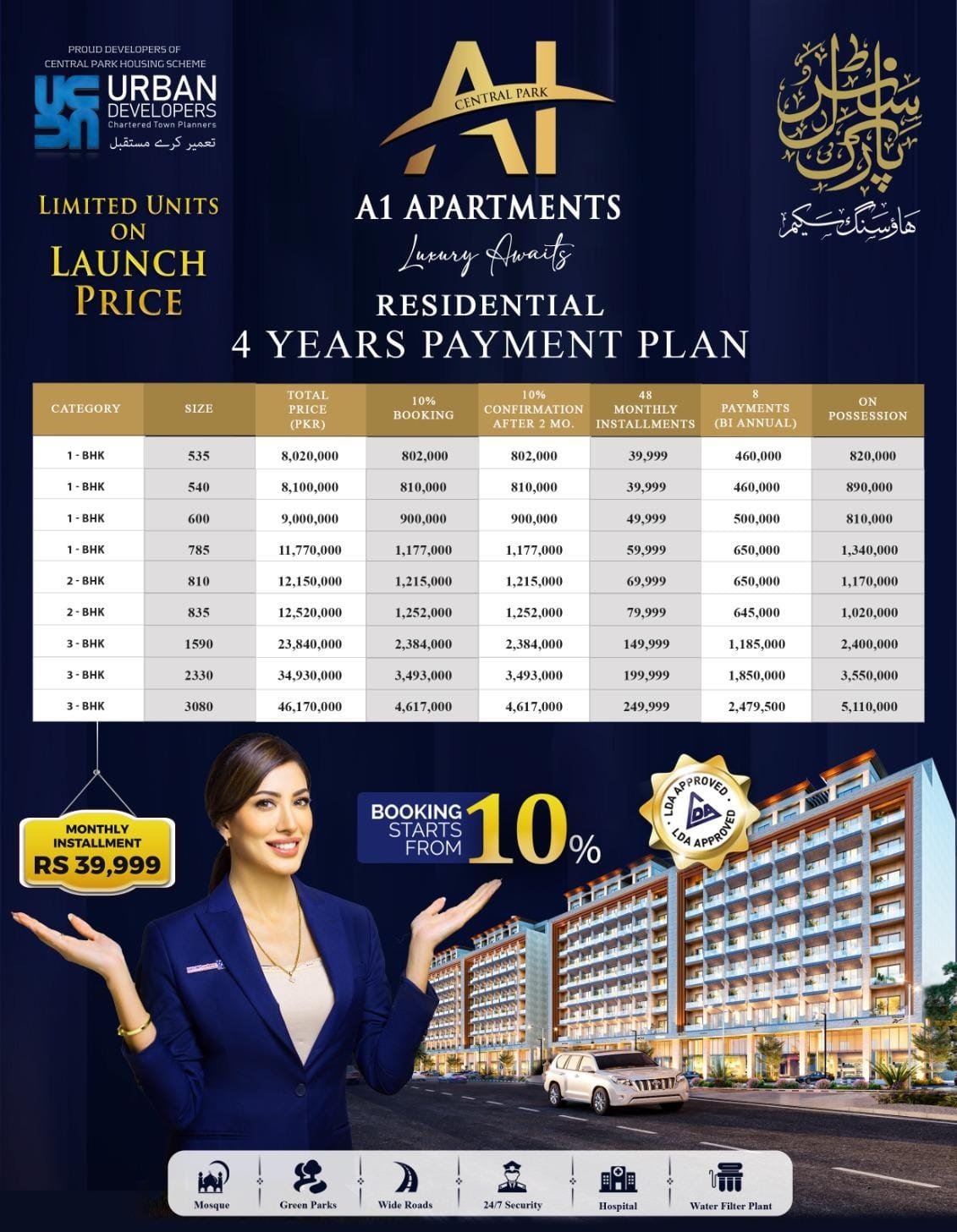 A1 Apartments Central Park Lahore Payment Plan